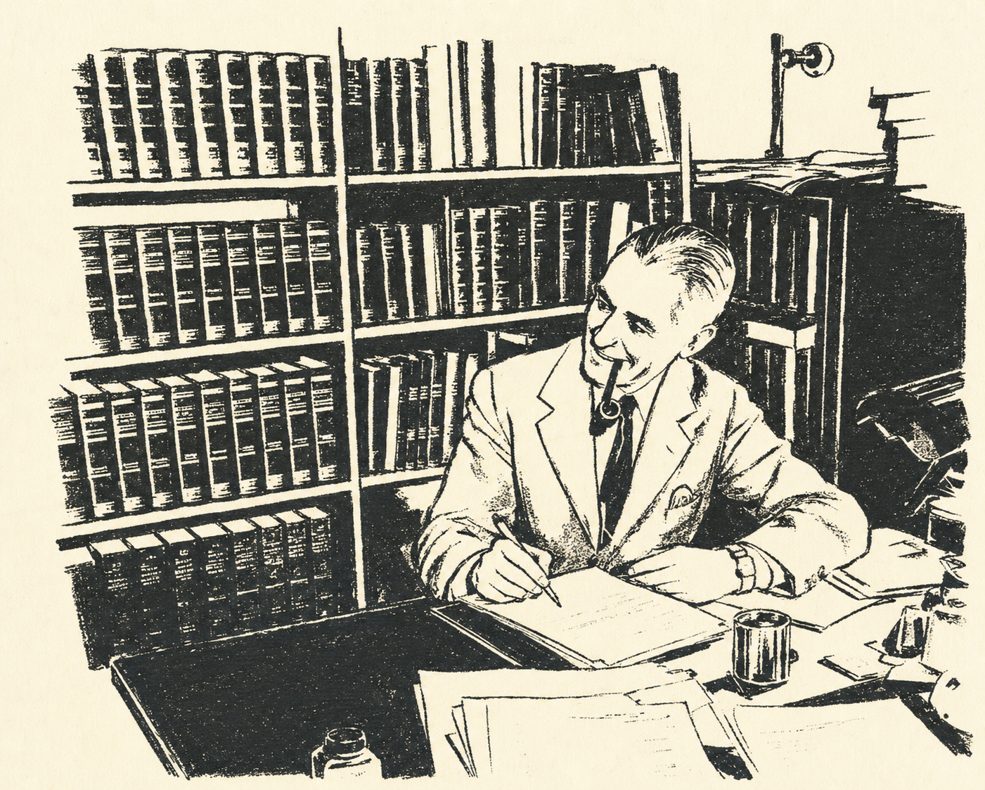 Ink illustration of Wilmarth 'Lefty' Lewis at his desk with a pipe, writing among papers in front of a wall of bound books